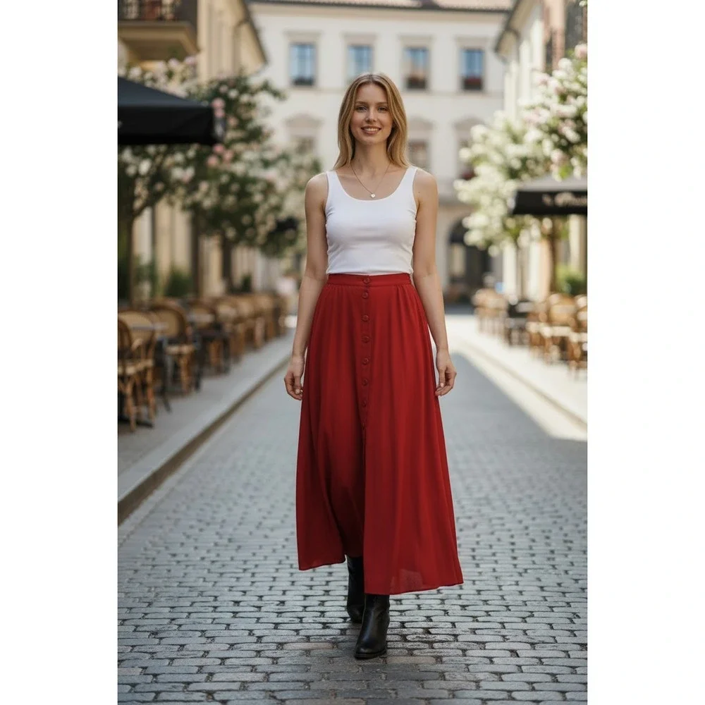Maeve‎ Anthropologie Red Pleated Button Front Maxi Skirt Fits S Elastic Wst $118